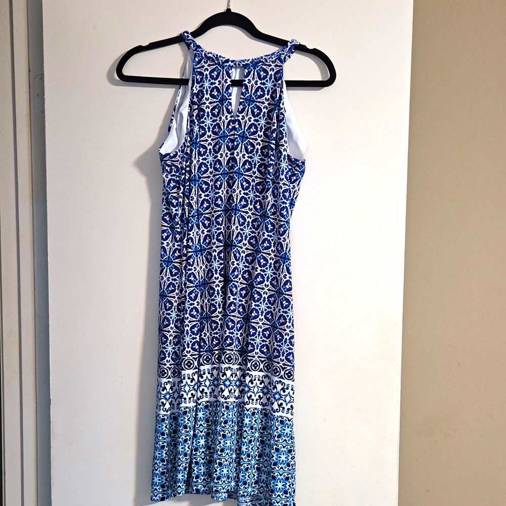 Wisp Petites Blue/White Geometric Halter Sleeveless Midi A-Line Dress 12P